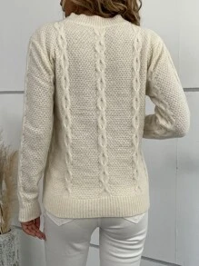 SHEIN LUNE Cable Knit Eyelash Lace Panel Sweater - Beige - View 4