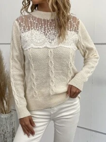SHEIN LUNE Cable Knit Eyelash Lace Panel Sweater - Beige - View 6