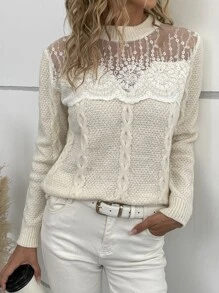 SHEIN LUNE Cable Knit Eyelash Lace Panel Sweater - Beige - View 2