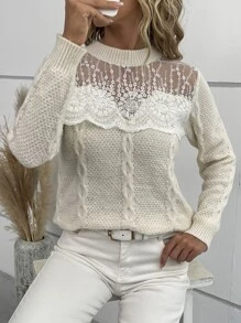 SHEIN LUNE Cable Knit Eyelash Lace Panel Sweater - Beige - View 1