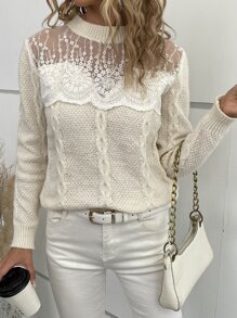 SHEIN LUNE Cable Knit Eyelash Lace Panel Sweater - Beige - View 7