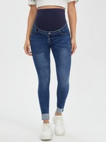 SHEIN Maternity Wideband Waist Roll Up Hem Skinny Jeans - Medium Wash - View 1