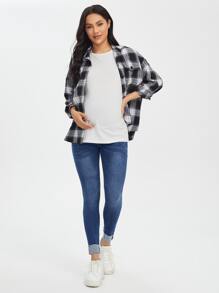 SHEIN Maternity Wideband Waist Roll Up Hem Skinny Jeans - Medium Wash - View 2