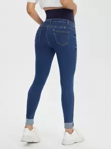 SHEIN Maternity Wideband Waist Roll Up Hem Skinny Jeans - Medium Wash - View 3