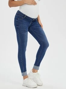 SHEIN Maternity Wideband Waist Roll Up Hem Skinny Jeans - Medium Wash - View 4