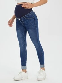 SHEIN Maternity Wideband Waist Roll Up Hem Skinny Jeans - Medium Wash - View 5