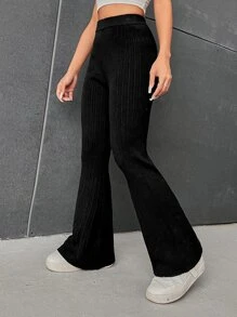 SHEIN EZwear Flare Leg Ribbed Knit Trousers - Black - View 1