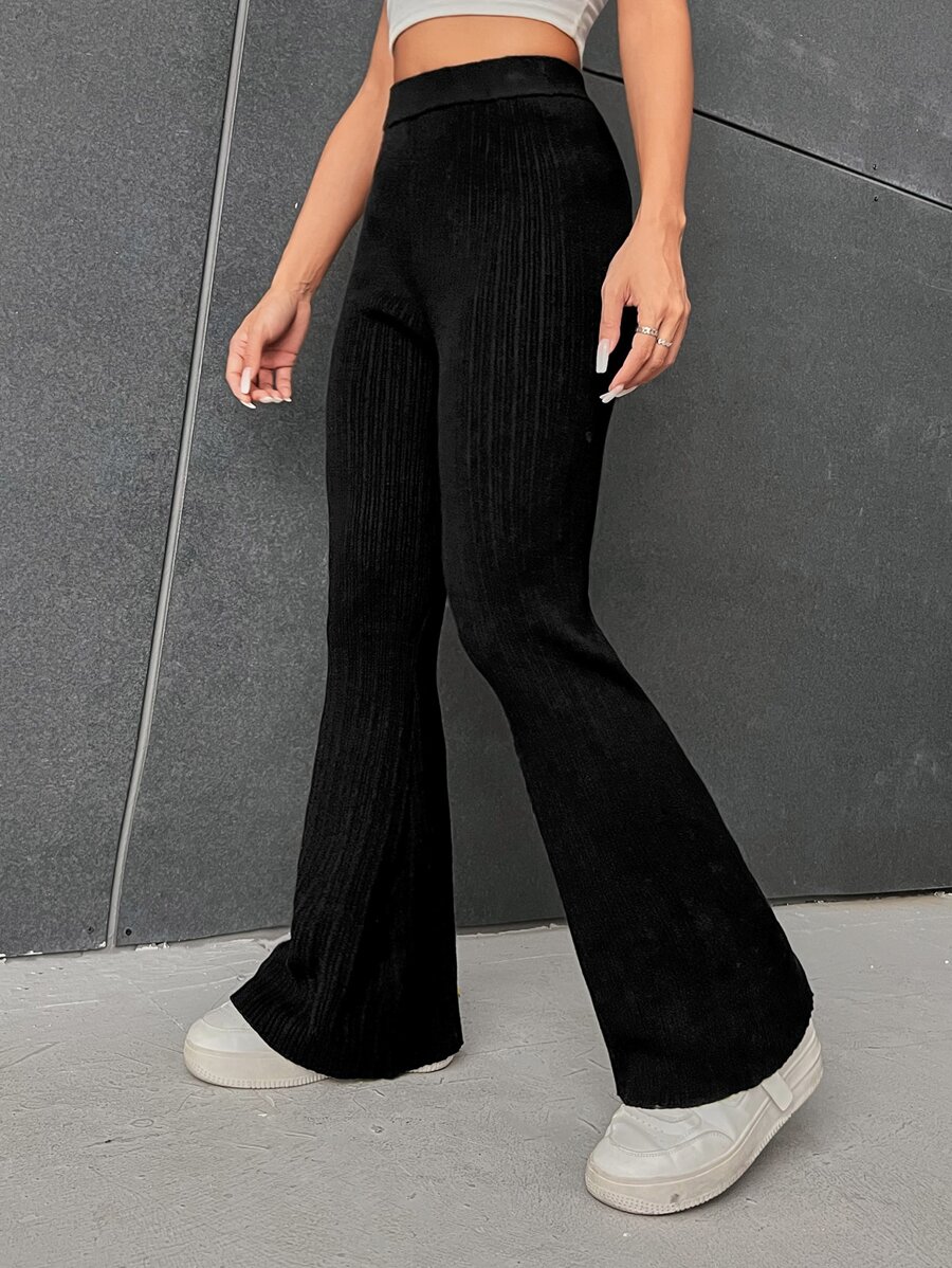SHEIN EZwear Flare Leg Ribbed Knit Trousers - Black - View 1