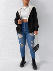 Calvaya Plus Teddy Lined Slant Pocket Hooded Jacket, For Winter Fall Cloth For Women Autumn - Black and White - View 4