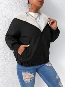 Calvaya Plus Teddy Lined Slant Pocket Hooded Jacket, For Winter Fall Cloth For Women Autumn - Black and White - View 5