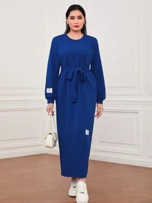 Seusyu 字母補丁細節繫腰帶連衣裙 - 藍色 - 查看 1