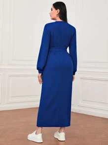 Seusyu 字母補丁細節繫腰帶連衣裙 - 藍色 - 查看 2