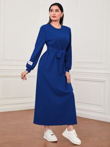 Seusyu 字母補丁細節繫腰帶連衣裙 - 藍色 - 查看 4