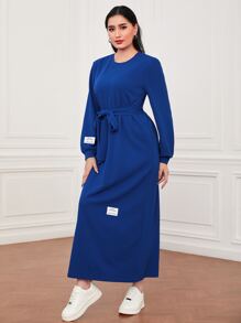 Seusyu 字母補丁細節繫腰帶連衣裙 - 藍色 - 查看 6