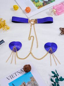 Embossed Chain Detail Heart Shaped Nipple Cover - Royal Blue - View 5
