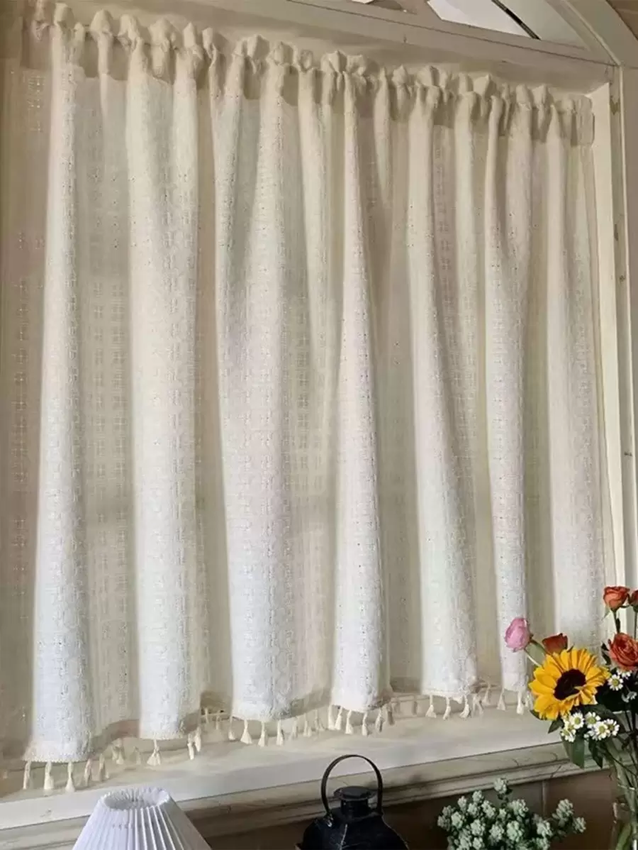 1pc Plain Tassel Decor Curtain - Beige - View 1