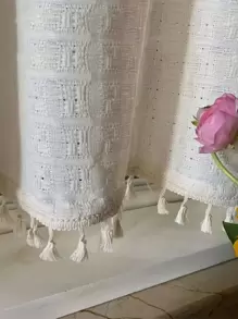 1pc Plain Tassel Decor Curtain - Beige - View 2