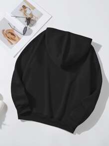 SHEIN LUNE Heart Print Kangaroo Pocket Drawstring Thermal Hoodie - Black - View 2