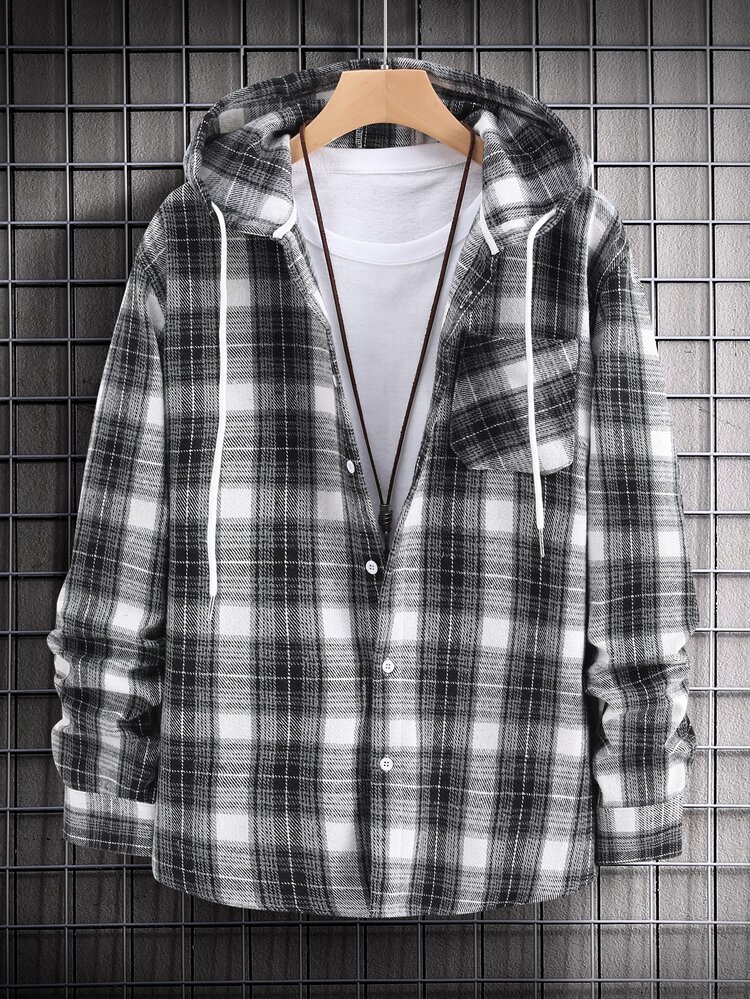 Men Plaid Print Drawstring Hooded Shirt Without Tee | SHEIN ASIA
