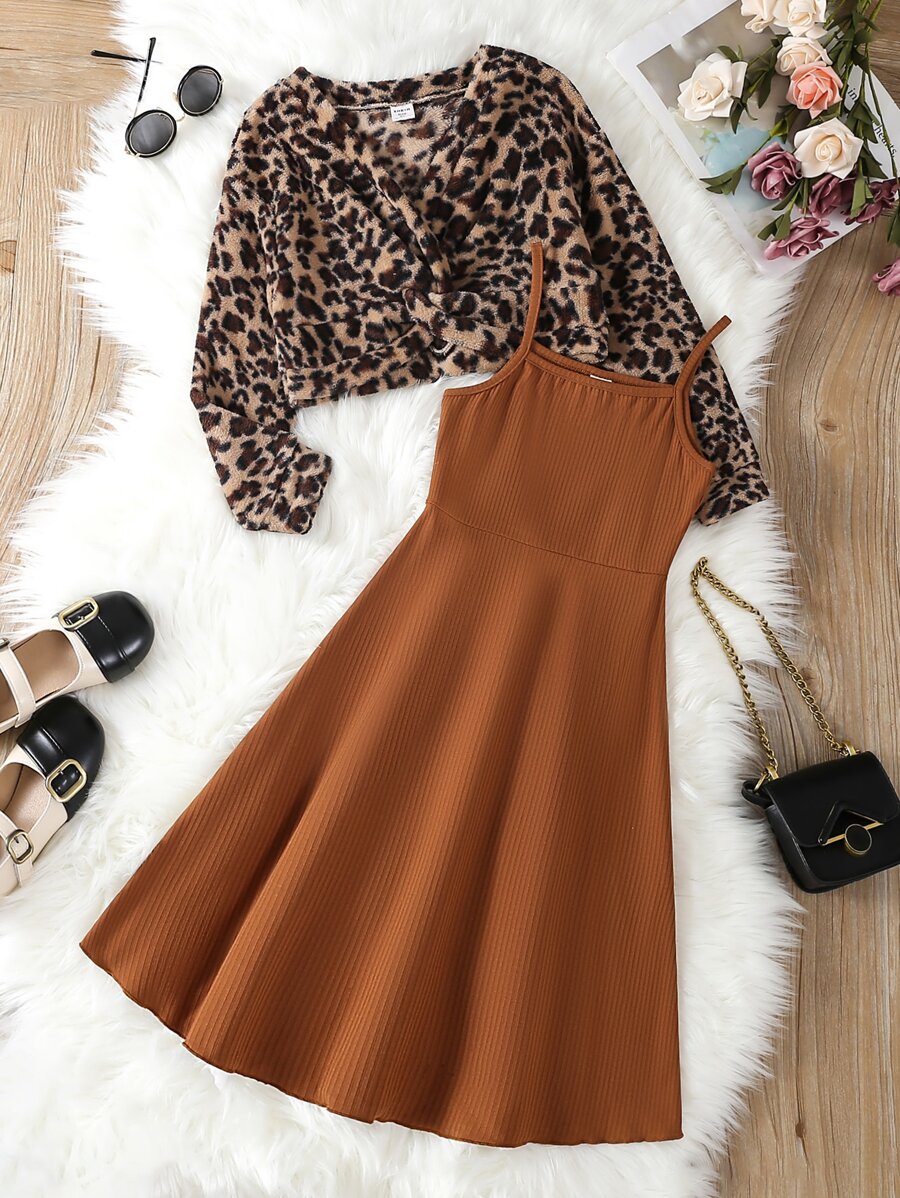 Cô gái Tween In hoa Báo Mặt trước xoắn Áo & Váy Dây - Nhiều màu - Xem 1