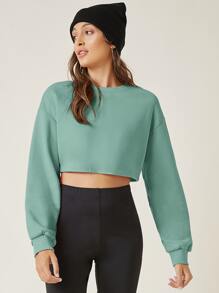 SHEIN BASICS Drop Shoulder Crop Sweatshirt - Mint Green - View 1