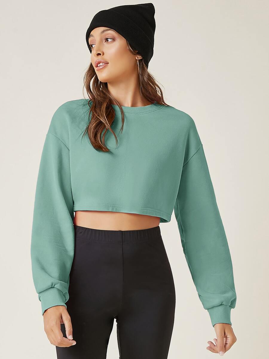 SHEIN BASICS Drop Shoulder Crop Sweatshirt - Mint Green - View 1