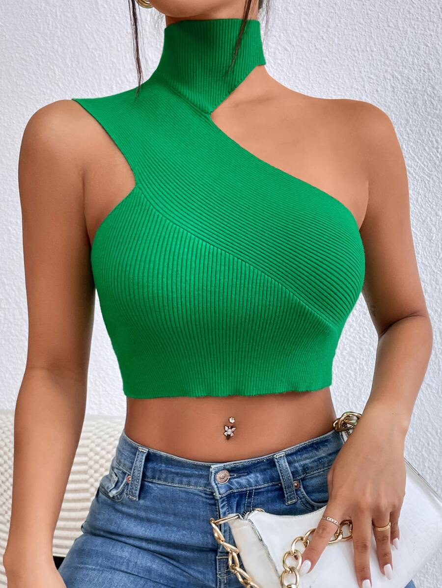 SHEIN Privé Asymmetrical Neck Crop Knit Top - Green - View 1