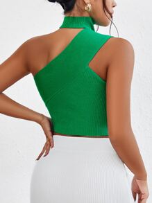SHEIN Privé Asymmetrical Neck Crop Knit Top - Green - View 2