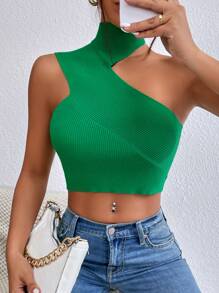 SHEIN Privé Asymmetrical Neck Crop Knit Top - Green - View 3