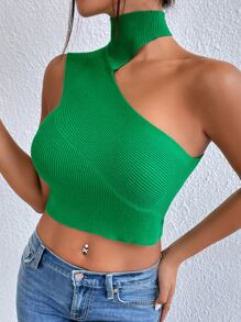 SHEIN Privé Asymmetrical Neck Crop Knit Top - Green - View 6