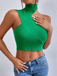 SHEIN Privé Asymmetrical Neck Crop Knit Top - Green - View 7