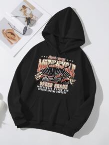 SHEIN Unity Car And Slogan Graphic Kangaroo Pocket Drawstring Thermal Hoodie - Black - View 1