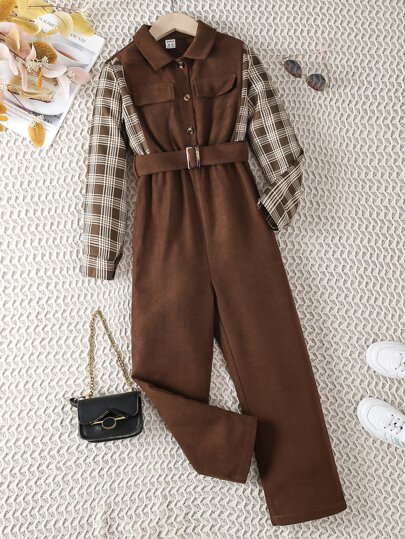 Girls Plaid Print Flap Detail Belted Shirt Jumpsuit