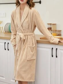 一件纯色连帽浴袍，女士长款浴袍，柔软吸水家居服，适用于浴室、泳池、淋浴，四季皆宜，精美礼品 - 卡其色 - 查看 2
