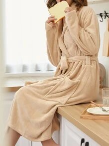 一件纯色连帽浴袍，女士长款浴袍，柔软吸水家居服，适用于浴室、泳池、淋浴，四季皆宜，精美礼品 - 卡其色 - 查看 4
