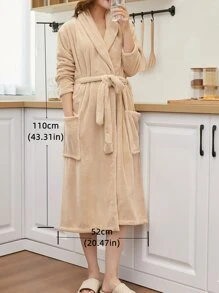 1pc Bathrobe With Sleeves, Lapel Collar Long Robe, Solid Color, Coral Fleece, Soft, Absorbent, For Home, Hotel, Pool, Spa, Personal Use Or Gift