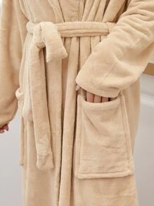 1pc Bathrobe With Sleeves, Lapel Collar Long Robe, Solid Color, Coral Fleece, Soft, Absorbent, For Home, Hotel, Pool, Spa, Personal Use Or Gift