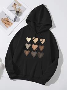 SHEIN LUNE Heart Print Kangaroo Pocket Drawstring Thermal Hoodie - Black - View 1