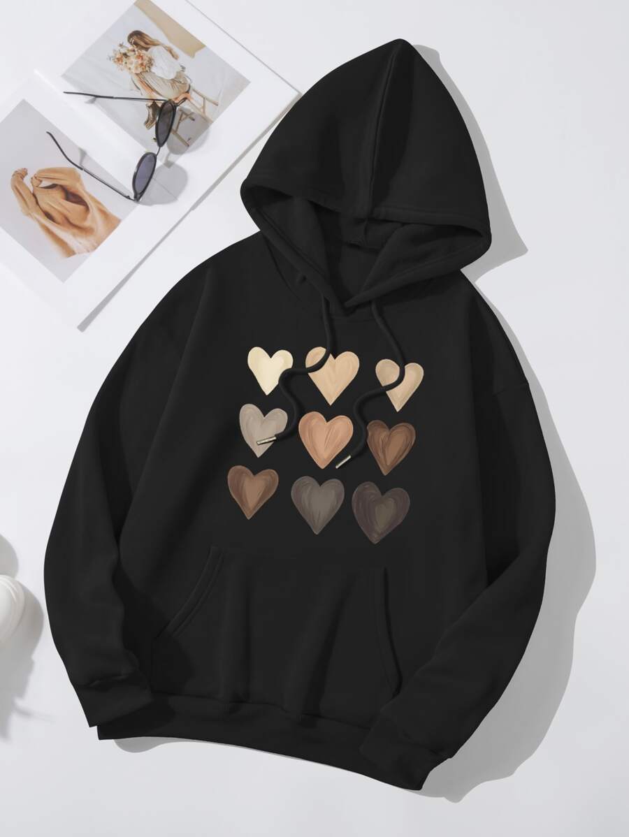 SHEIN LUNE Heart Print Kangaroo Pocket Drawstring Thermal Hoodie - Black - View 1