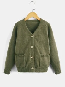 Boys Dual Pocket Raglan Sleeve Cardigan - Army Green - View 1
