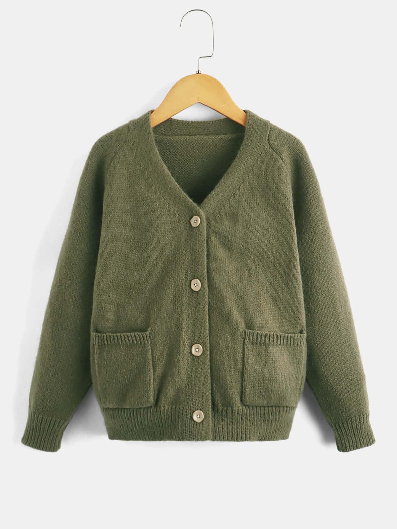 Boys Dual Pocket Raglan Sleeve Cardigan - Army Green - View 1