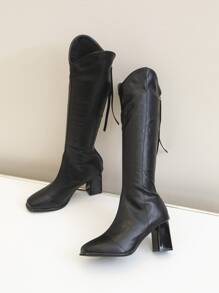 Women's Black Outdoor Simple Chunky Heel Square Toe Over-the-knee High Heel Boots For Autumn/winter - Black - View 3