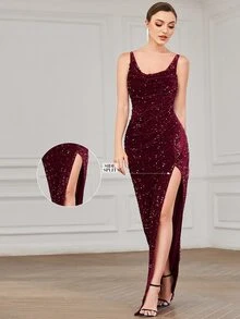 EVERPRETTY Đầm Xù Dây kéo Tách cao màu trơn Hấp dẫn - Màu Đỏ Sâu - Xem 7