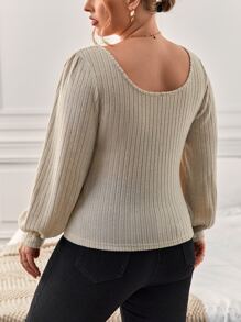 SHEIN Privé Plus Solid Scoop Neck Bishop Sleeve Tee - Beige - View 2