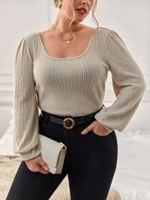 SHEIN Privé Plus Solid Scoop Neck Bishop Sleeve Tee - Beige - View 5
