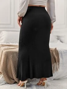 SHEIN Privé Váy Plus Size Viên lá sen màu trơn Thanh lịch - màu đen - Xem 2