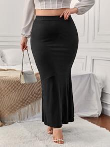 SHEIN Privé Váy Plus Size Viên lá sen màu trơn Thanh lịch - màu đen - Xem 5