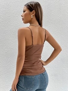 SHEIN PETITE Áo hai dây Thắt nơ trước Nếp gấp Phần Ngực màu trơn Giải trí - Cà phê nâu - Xem 2