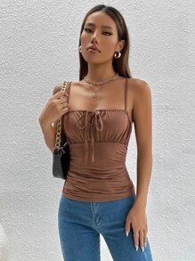 SHEIN PETITE Áo hai dây Thắt nơ trước Nếp gấp Phần Ngực màu trơn Giải trí - Cà phê nâu - Xem 6