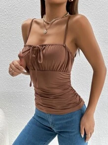 SHEIN PETITE Áo hai dây Thắt nơ trước Nếp gấp Phần Ngực màu trơn Giải trí - Cà phê nâu - Xem 5